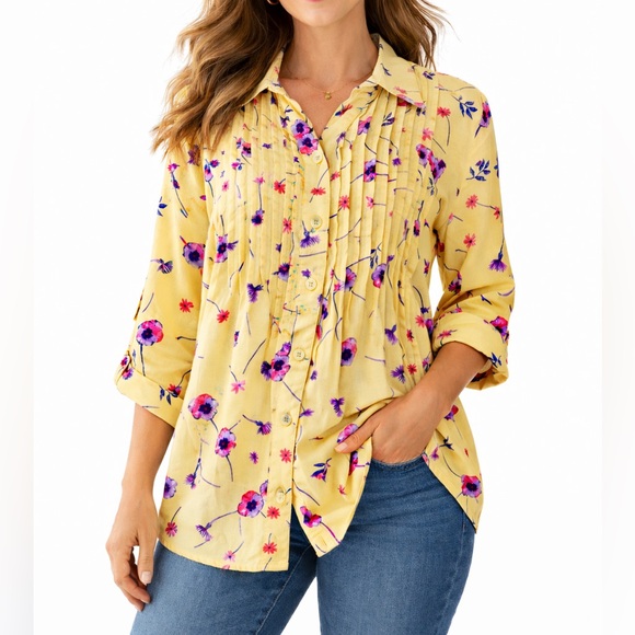 Woman Within Tops - Woman Within Yellow Floral Button-Down Shirt